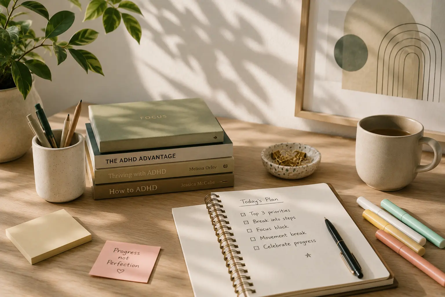 Warm planning workspace with notebook and pen in soft sunlight representing focus and organization in ADHD assessment