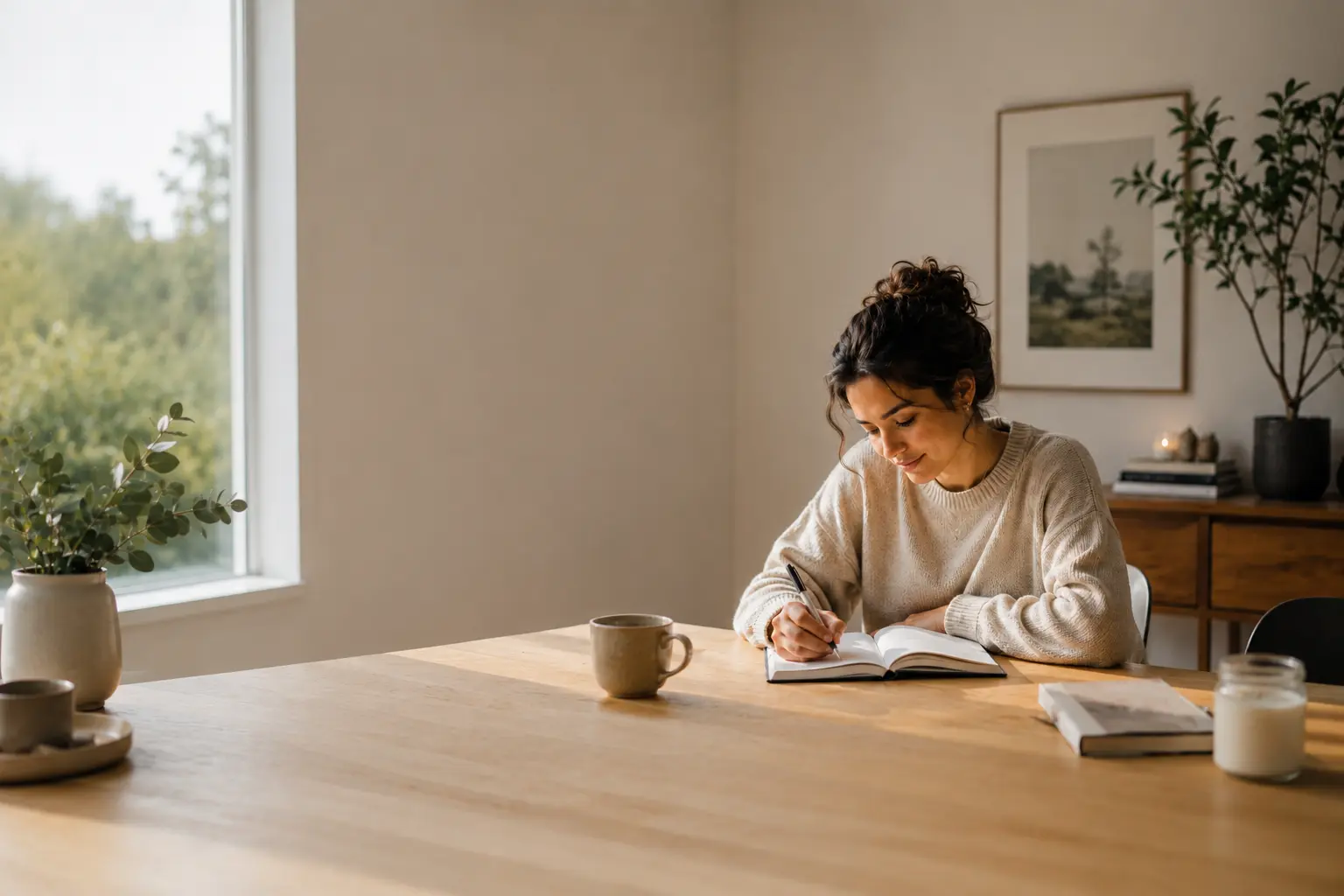 Calm minimalist desk with organized journal and soft natural light representing clarity and order in OCD treatment